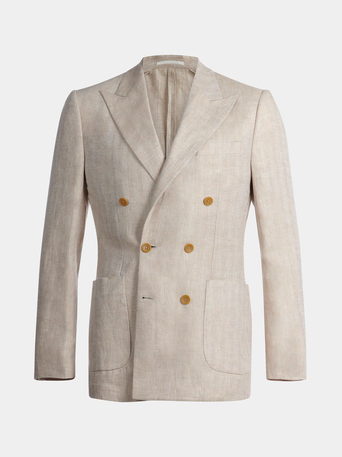 Contemporary Linen Herringbone Double Breasted Blazer Jacket in Egret