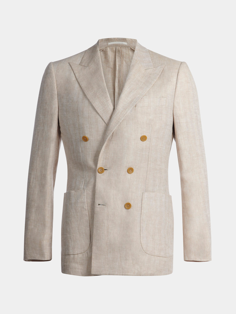 Contemporary Linen Herringbone Double Breasted Blazer Jacket in Egret