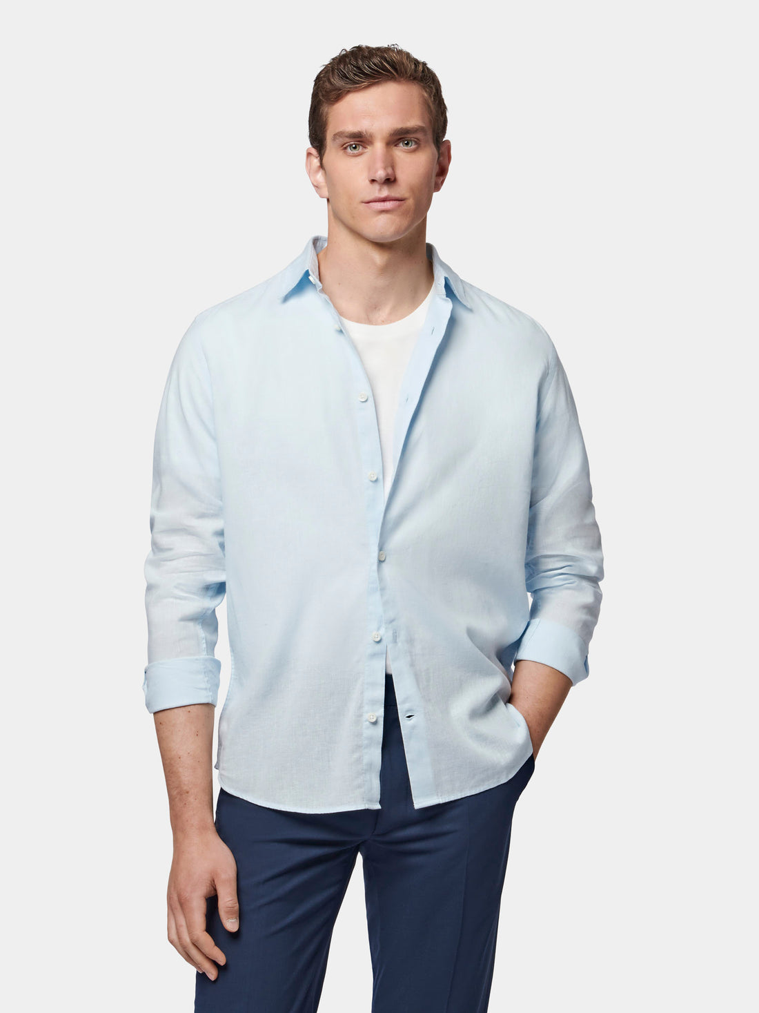 Casual Linen Blend Long Sleeve Shirt in Ice Blue