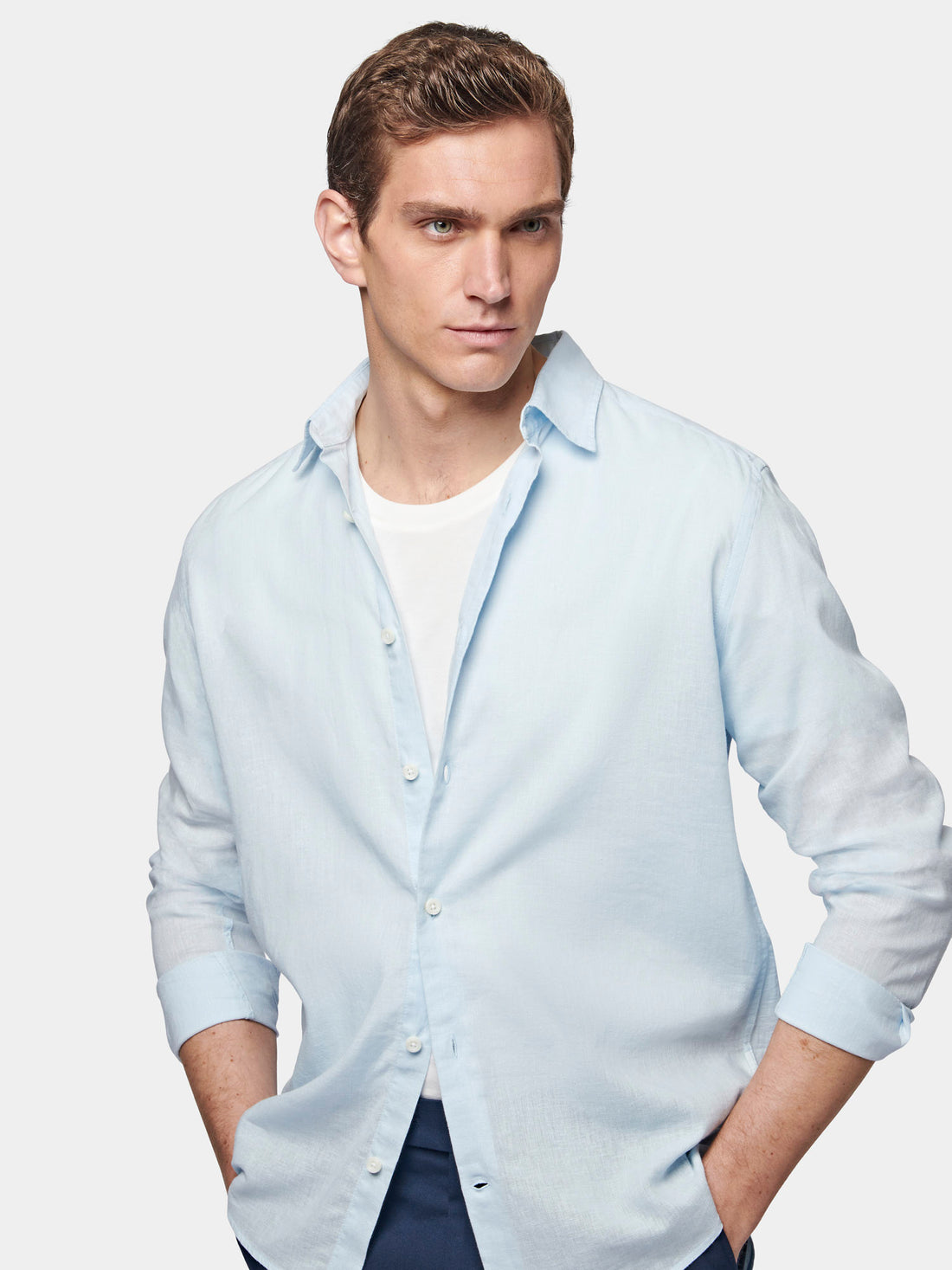 Casual Linen Blend Long Sleeve Shirt in Ice Blue