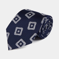 Silk Geo Print Tie in Navy Blue