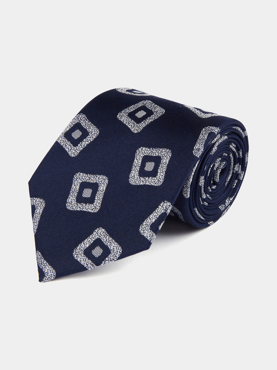 Silk Geo Print Tie in Navy Blue