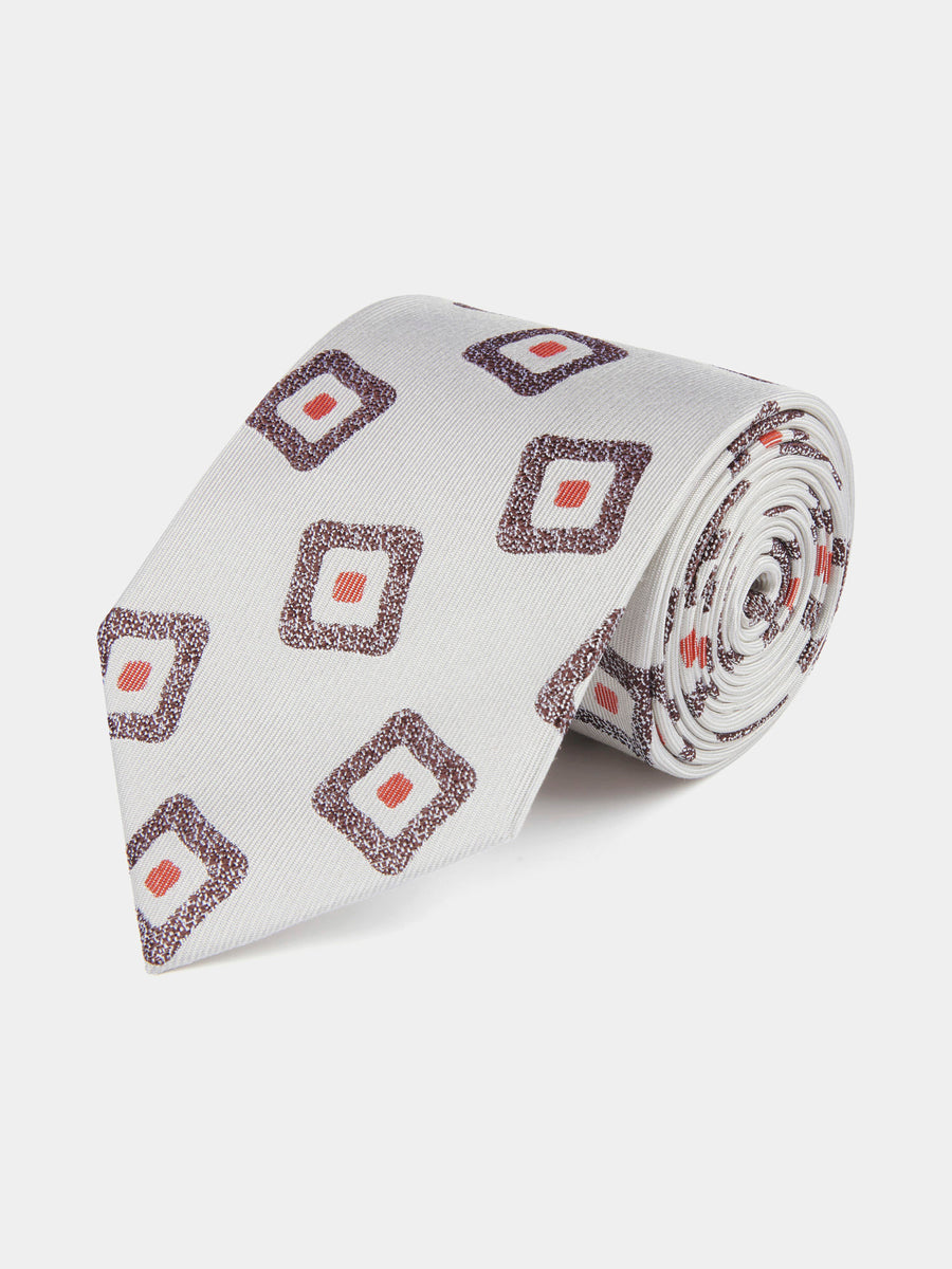 Silk Geo Print Tie in Egret