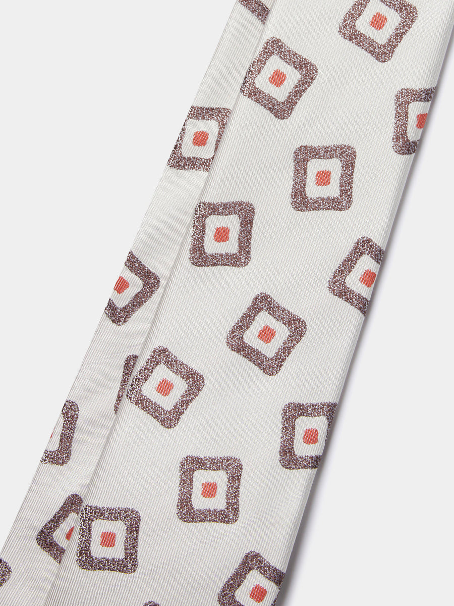 Silk Geo Print Tie in Egret