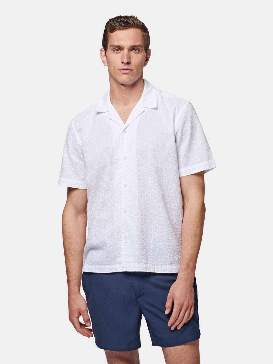 Casual Revere Collar Seersucker Short Sleeve Shirt in Bright White