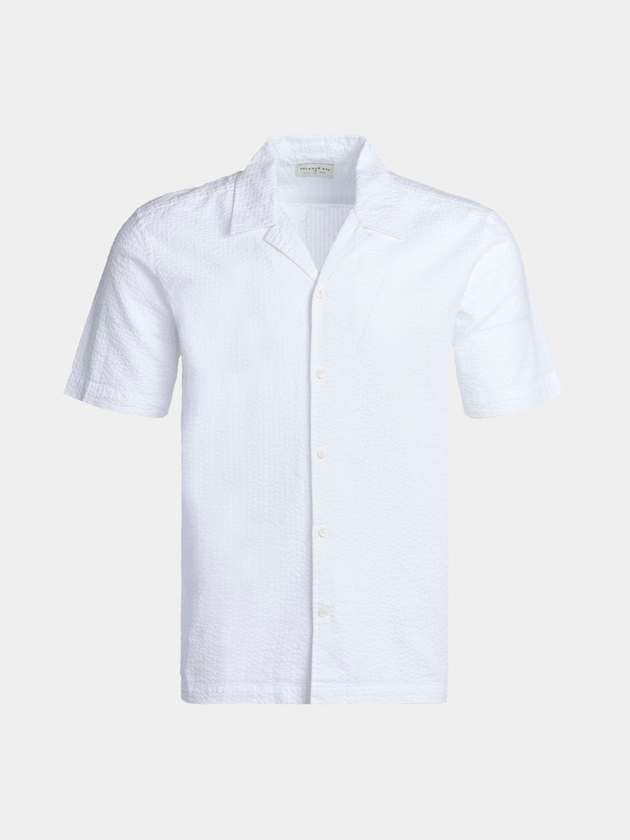 Casual Revere Collar Seersucker Short Sleeve Shirt in Bright White