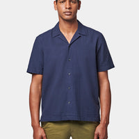 Casual Revere Collar Seersucker Short Sleeve Shirt in Navy Blue