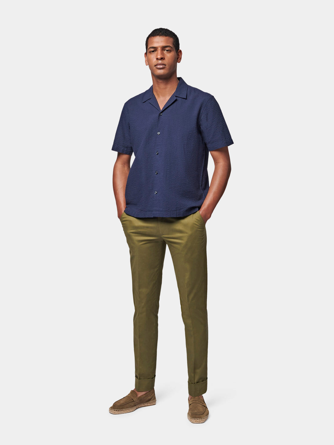 Casual Revere Collar Seersucker Short Sleeve Shirt in Navy Blue