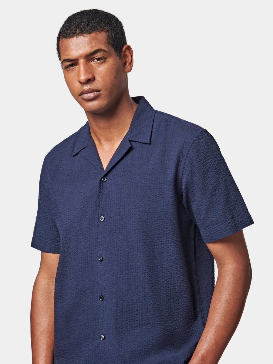 Casual Revere Collar Seersucker Short Sleeve Shirt in Navy Blue