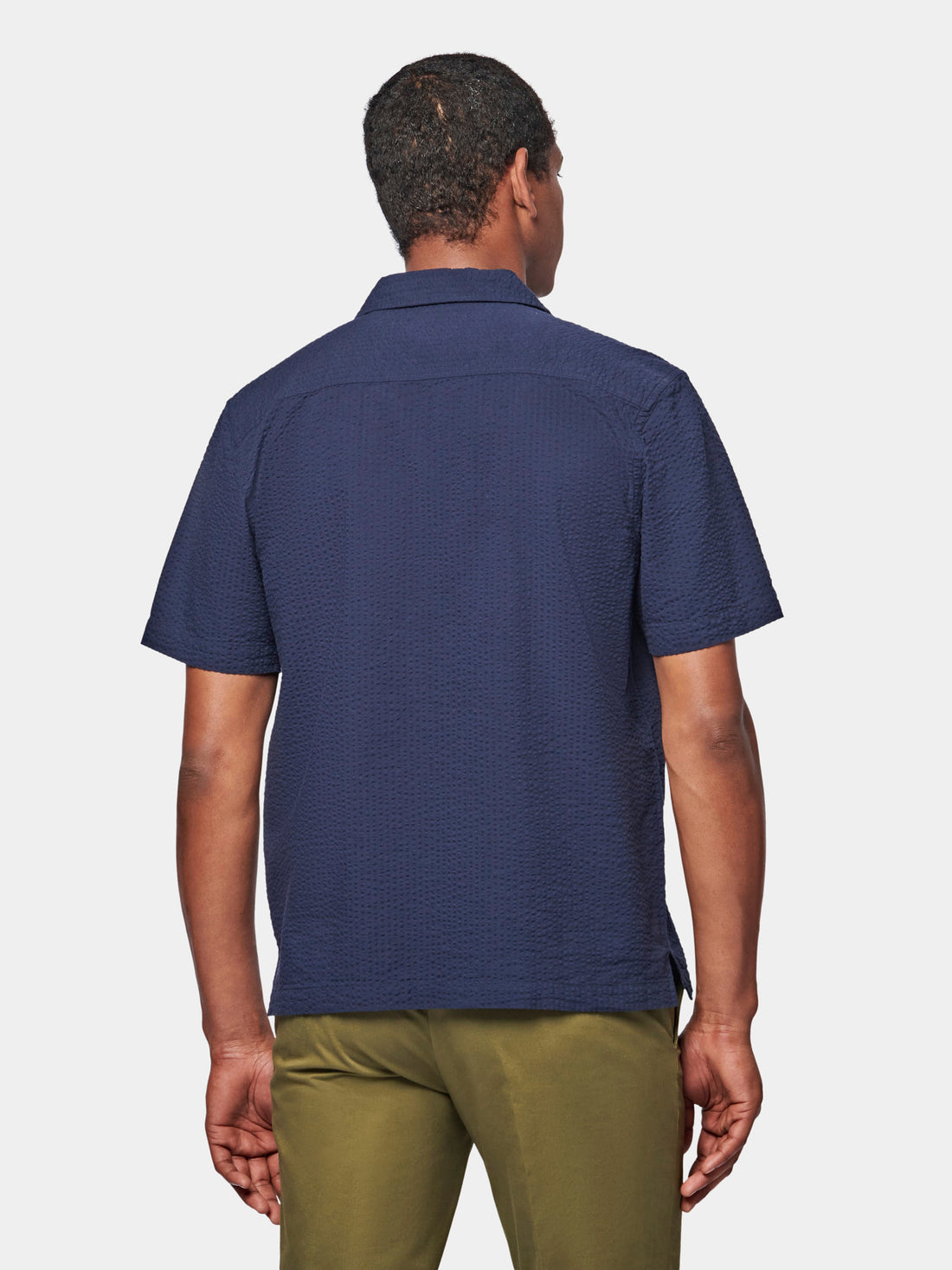 Casual Revere Collar Seersucker Short Sleeve Shirt in Navy Blue