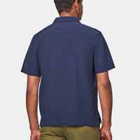 Casual Revere Collar Seersucker Short Sleeve Shirt in Navy Blue