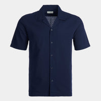 Casual Revere Collar Seersucker Short Sleeve Shirt in Navy Blue