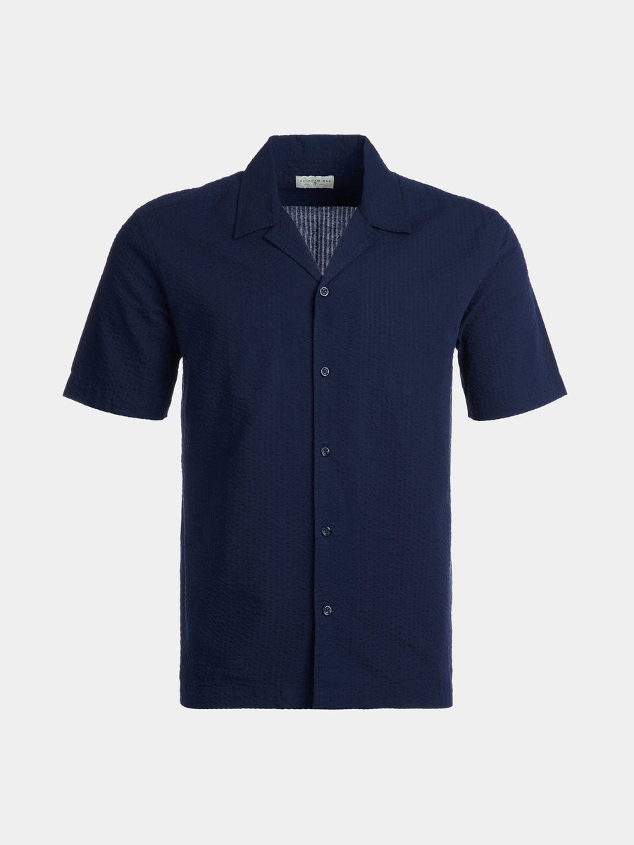 Casual Revere Collar Seersucker Short Sleeve Shirt in Navy Blue