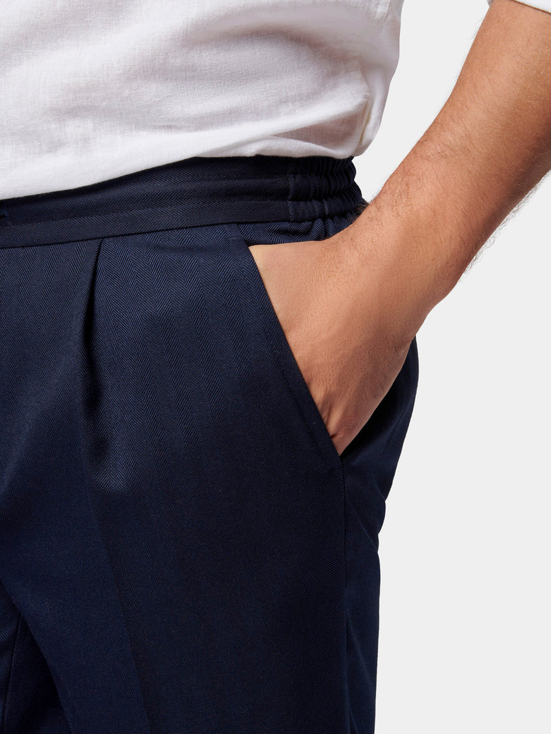 Herringbone Drawstring Shorts in Dark Sapphire Navy