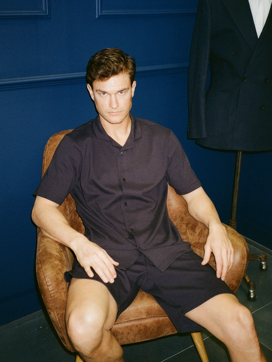 Peckham Rye Mens Jersey Revere Shirt in Dark Sapphire Navy