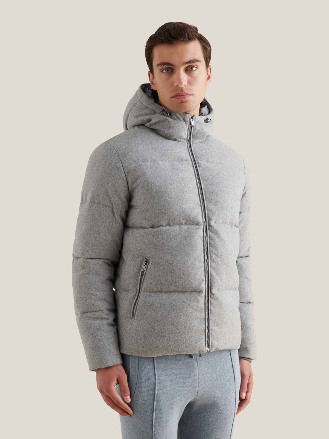 Wool Blend Puffer Coat in Light Grey Marl