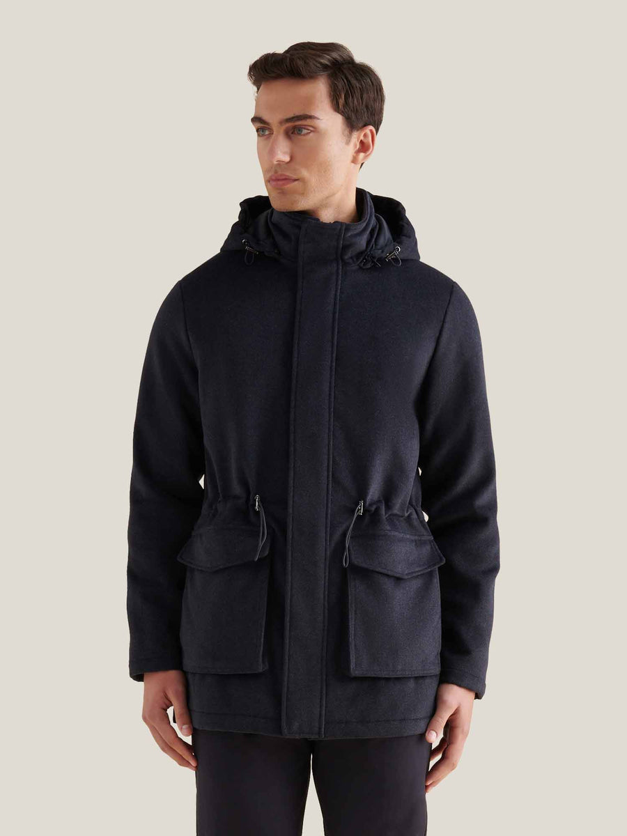 Wool Blend Padded Parka in Dark Sapphire Navy