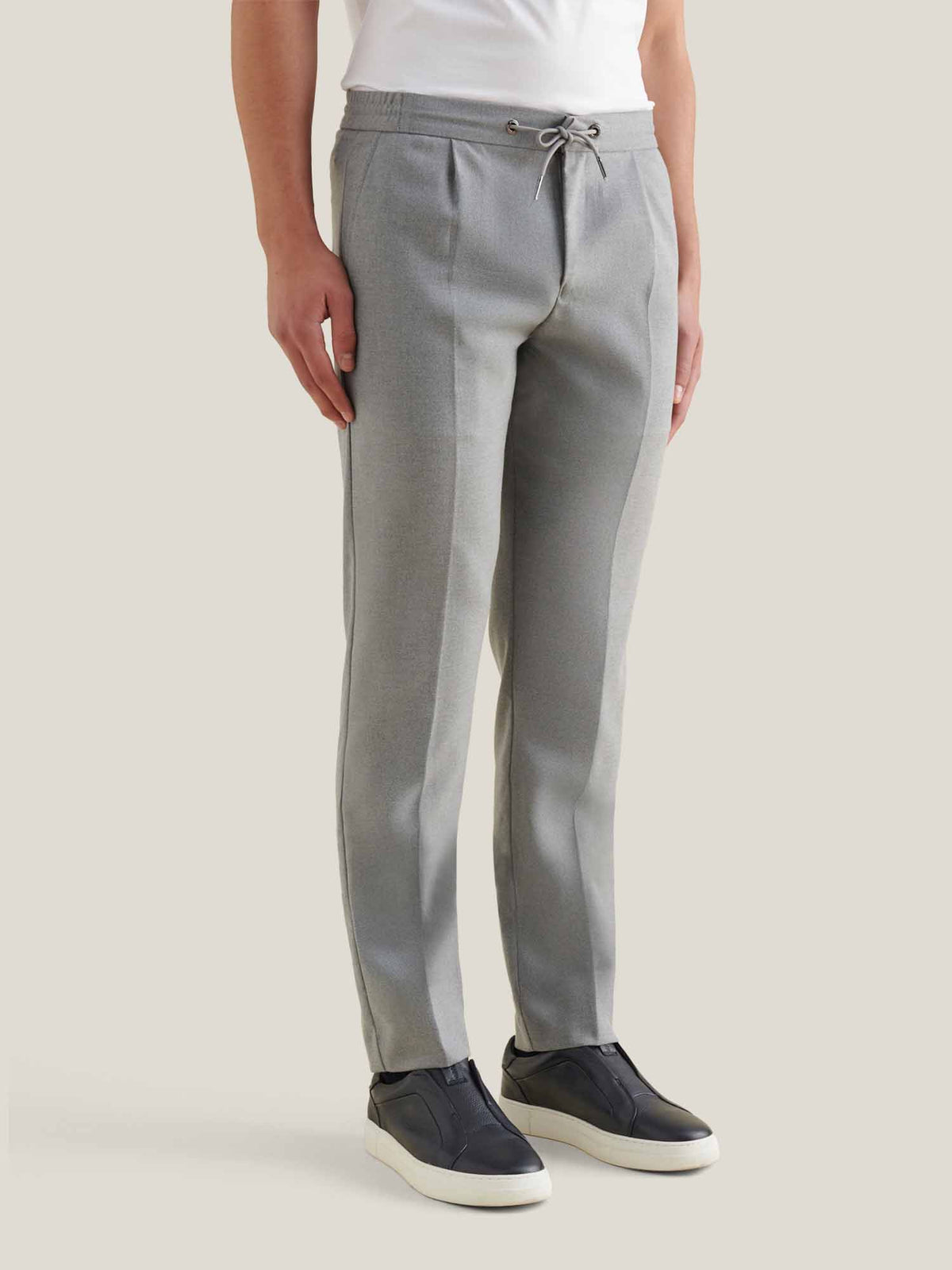 Flannel Tech Drawstring Trousers in Light Grey Marl