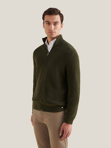 Cotton Knit Funnel-Neck Zip Cardigan in Rosin