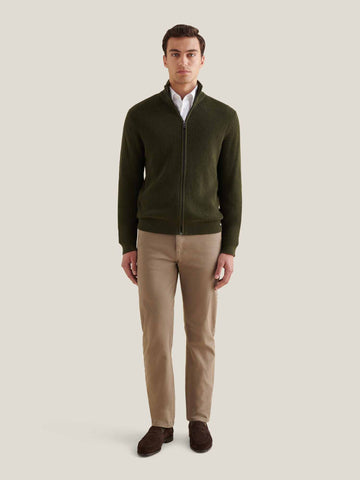 Cotton Knit Funnel-Neck Zip Cardigan in Rosin