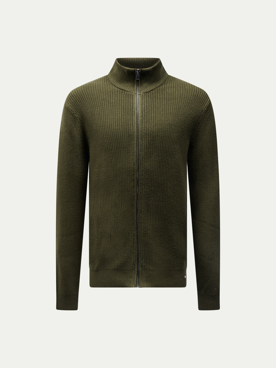 Cotton Knit Funnel-Neck Zip Cardigan in Rosin