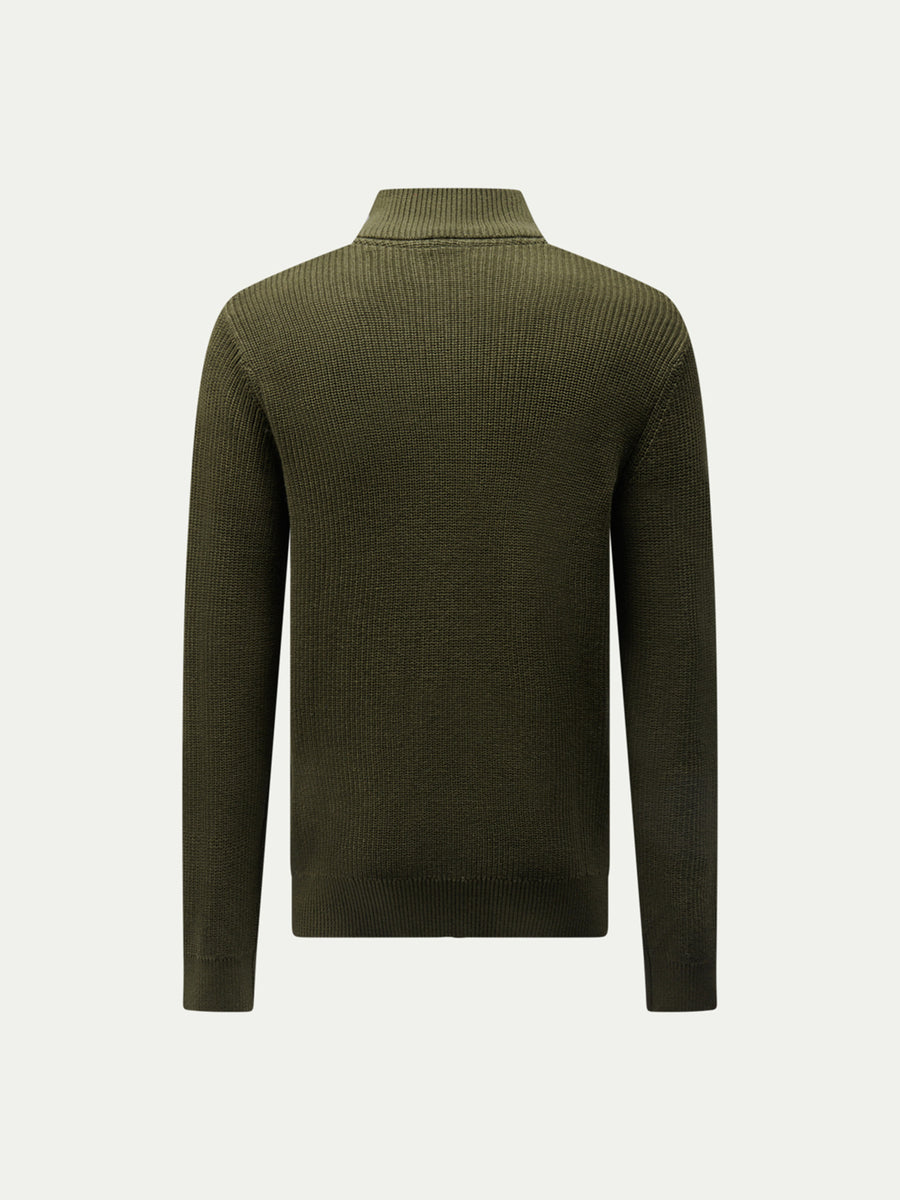 Cotton Knit Funnel-Neck Zip Cardigan in Rosin