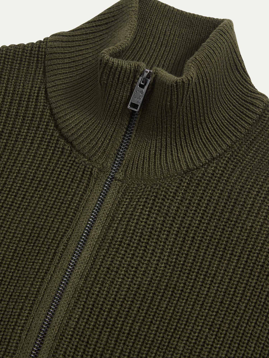 Cotton Knit Funnel-Neck Zip Cardigan in Rosin