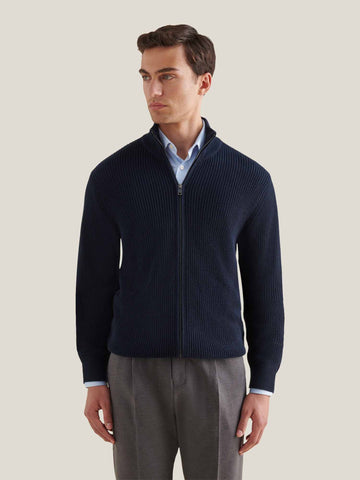 Cotton Knit Funnel-Neck Zip Cardigan in Dark Sapphire Navy