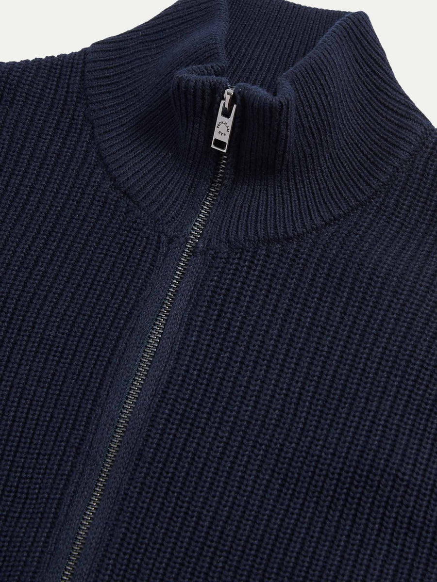 Peckham Rye Mens Funnel Zip Knit Cardigan in Dark Sapphire Navy