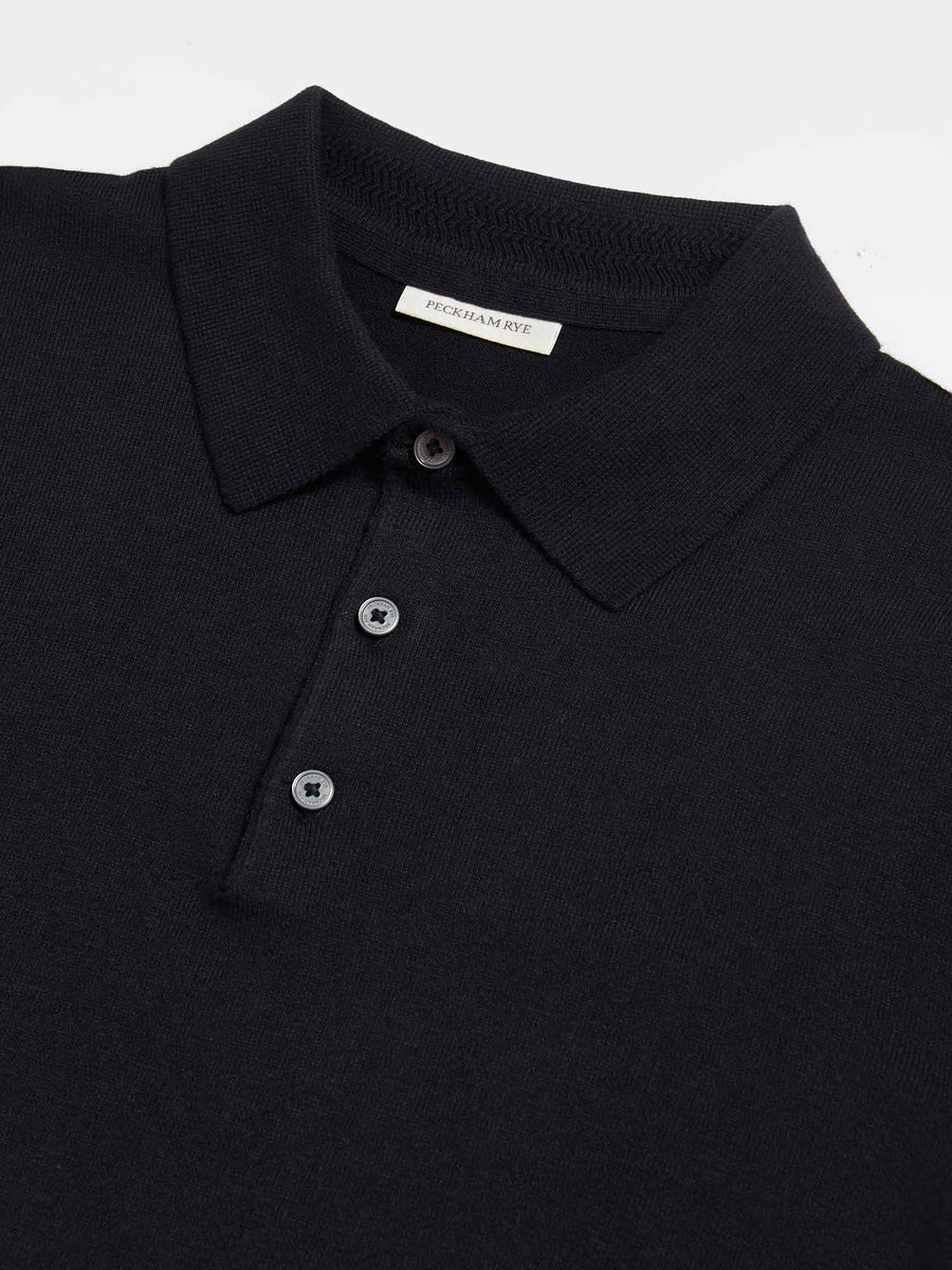 Peckham Rye Mens Knitted Short Sleeve Polo in Black