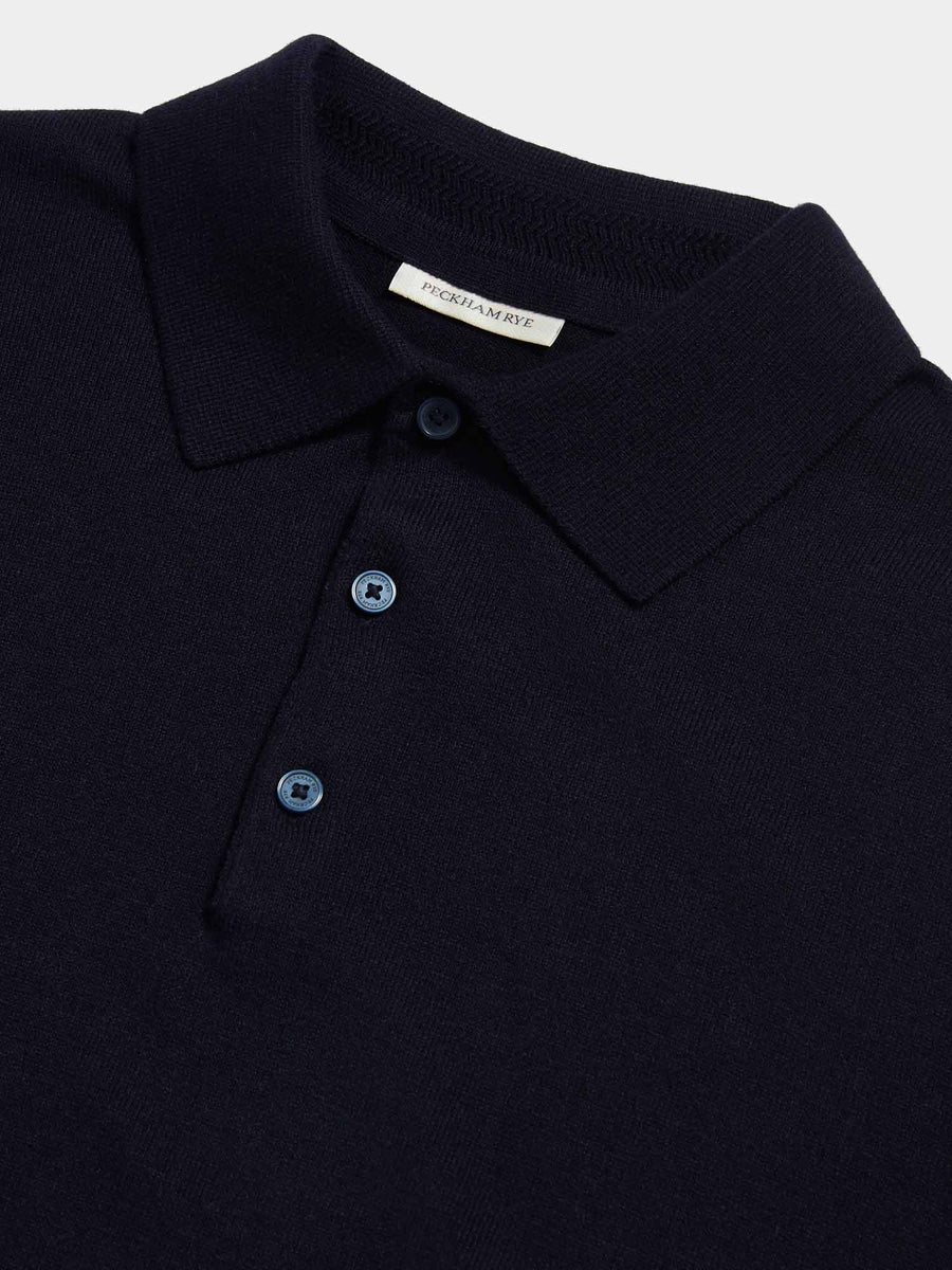 Peckham Rye Mens Knitted Short Sleeve Polo in Dark Sapphire Navy