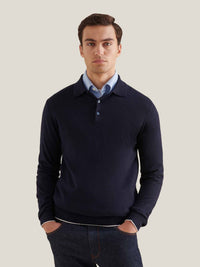 Wilton Knitted Long Sleeve Polo Shirt in Dark Sapphire Navy