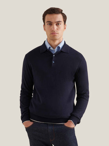 Jersey Knit Long Sleeve Polo Shirt in Dark Sapphire Navy