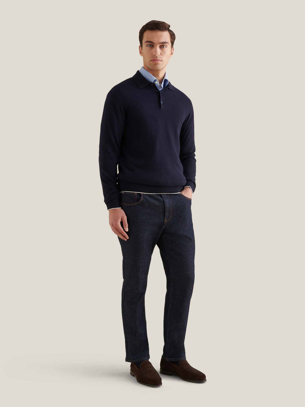 Wilton Knitted Long Sleeve Polo Shirt in Dark Sapphire Navy