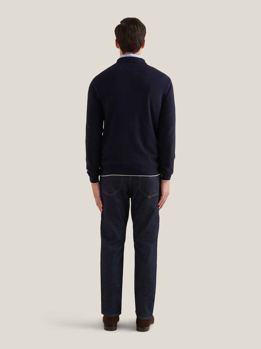 Jersey Knit Long Sleeve Polo Shirt in Dark Sapphire Navy
