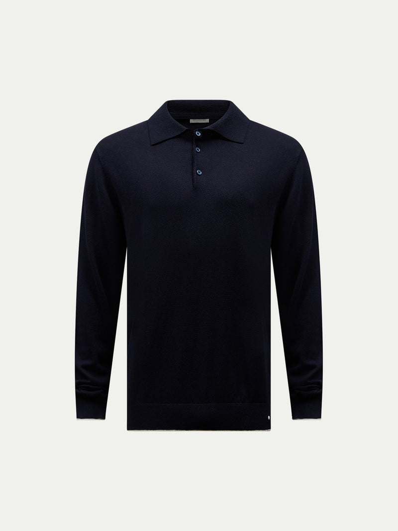 Wilton Knitted Long Sleeve Polo Shirt in Dark Sapphire Navy
