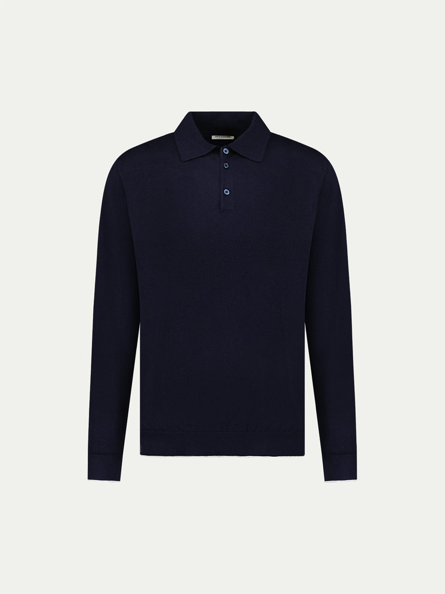 Peckham Rye Mens Knitted Long Sleeve Polo in Dark Sapphire Navy