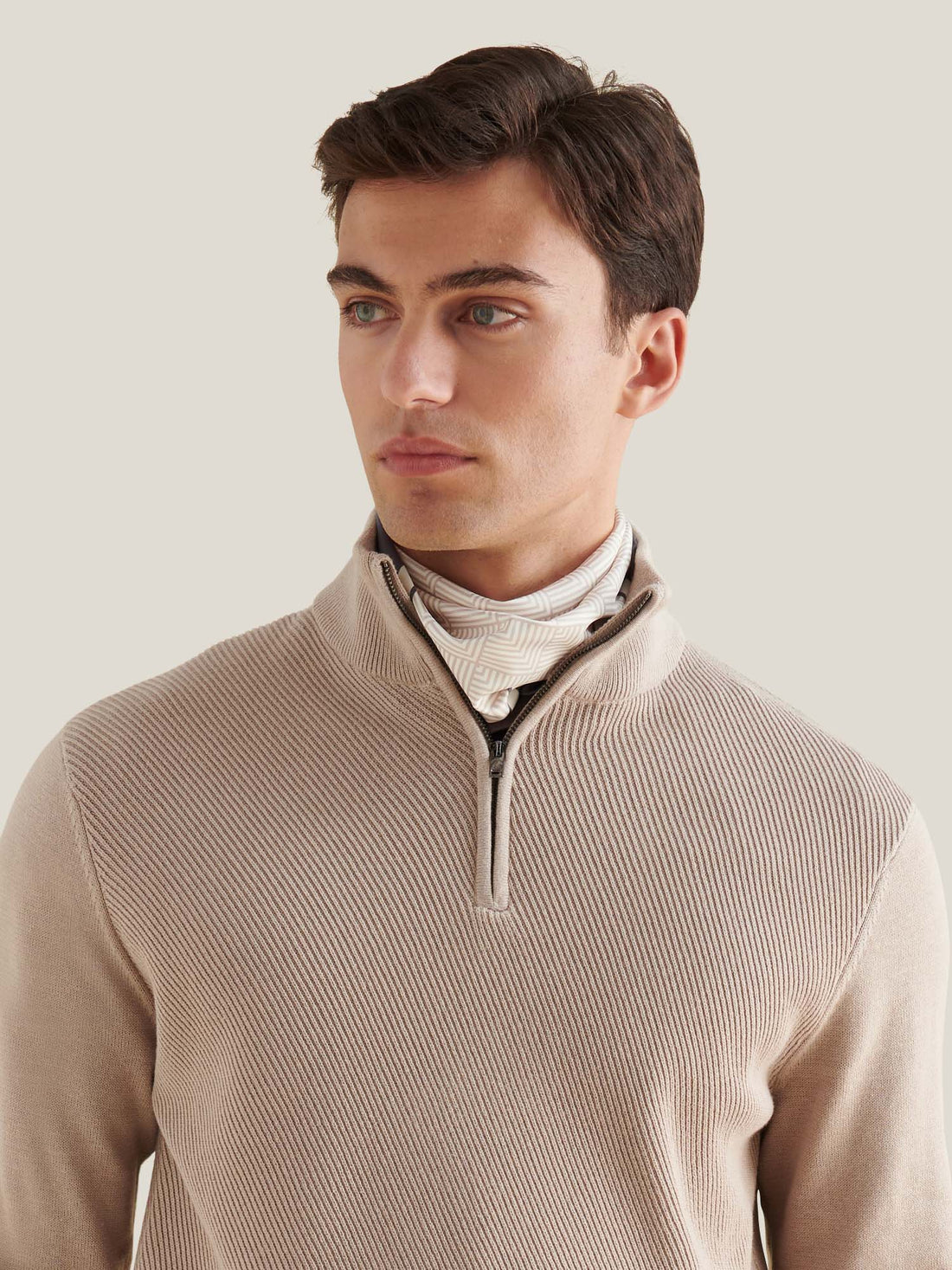 Cotton Blend Rib Knit ¼ Zip in Simply Taupe