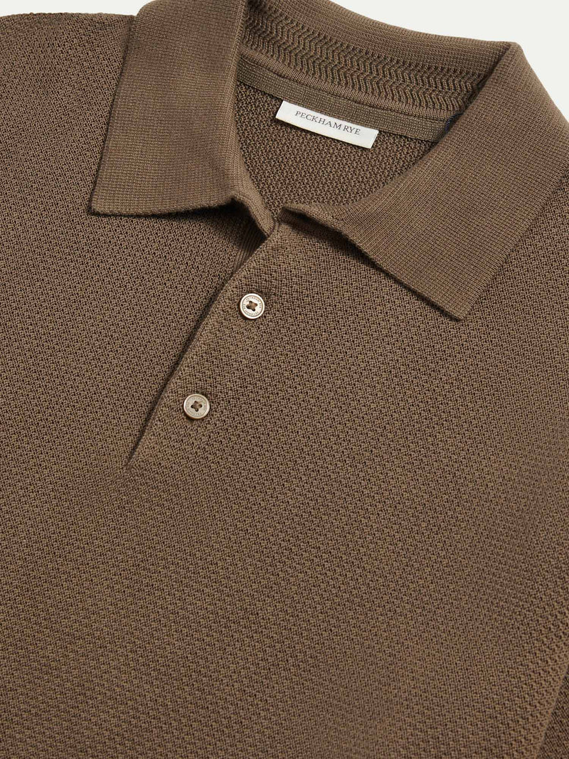 Textured Knit Long Sleeve Polo Shirt in Sea Turtle