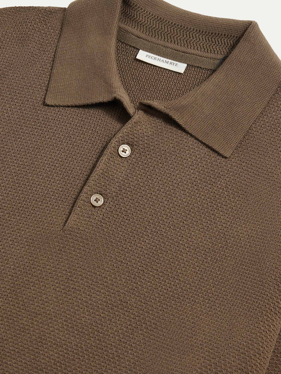 Textured Knit Long Sleeve Polo Shirt in Sea Turtle