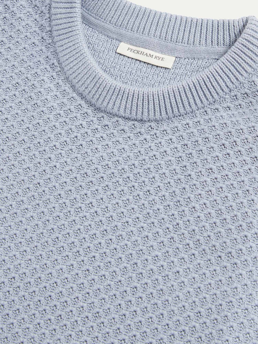 Peckham Rye Mens Honeycomb Knitted Crew in Blue Blizzard