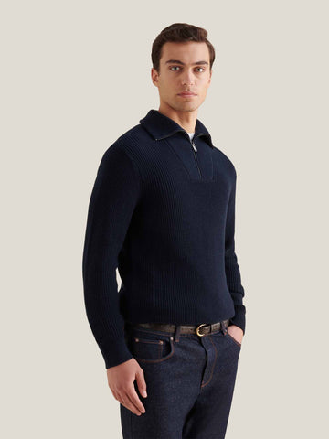 Cotton Knit ¼ Zip Funnel in Dark Sapphire Navy