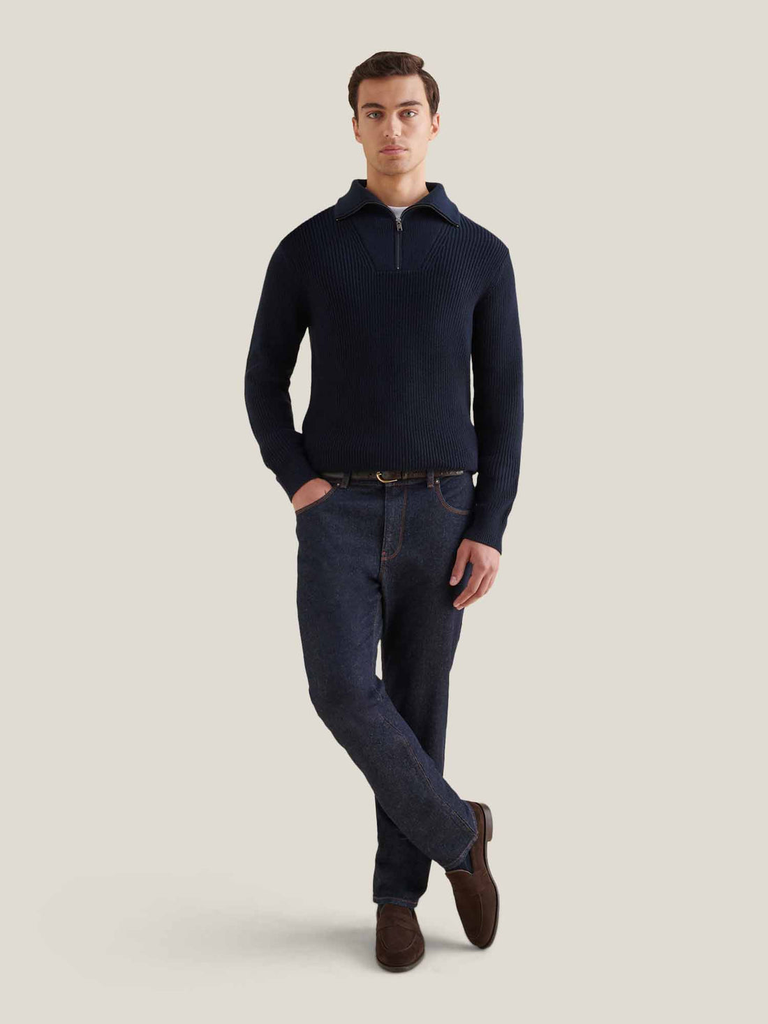 Cotton Knit ¼ Zip Funnel in Dark Sapphire Navy