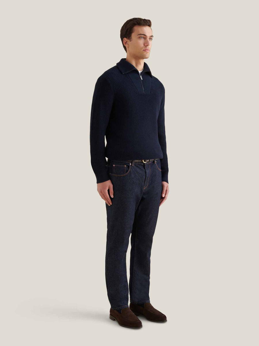 Cotton Knit ¼ Zip Funnel in Dark Sapphire Navy