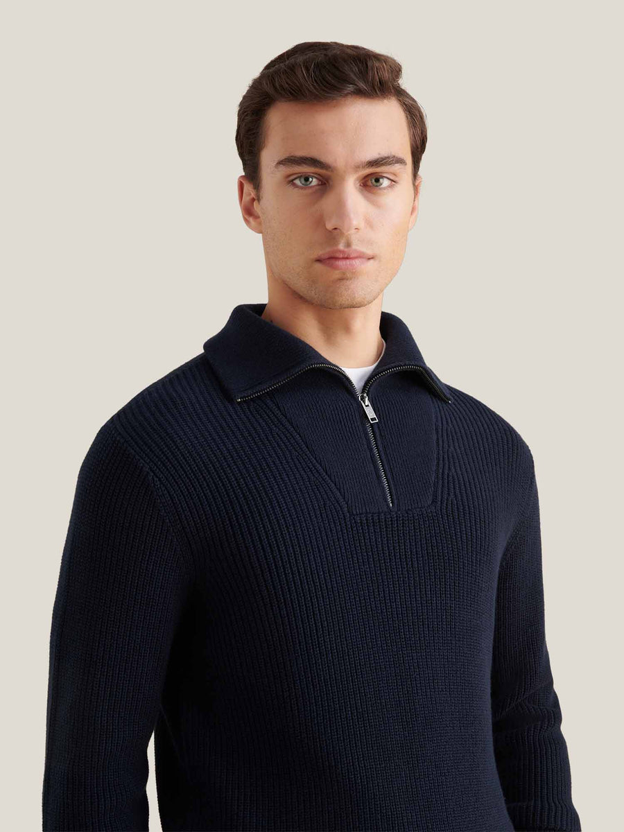 Cotton Knit ¼ Zip Funnel in Dark Sapphire Navy