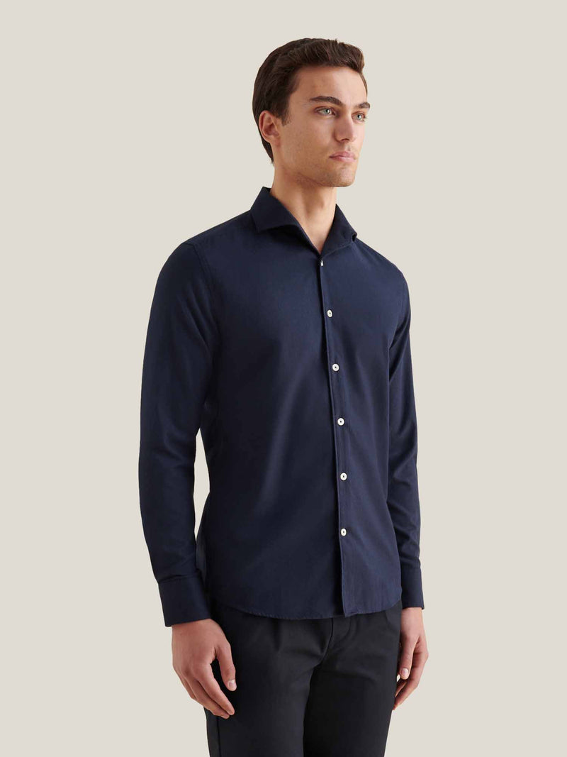 Flannel Herringbone Spread Collar Shirt in Dark Sapphire Navy