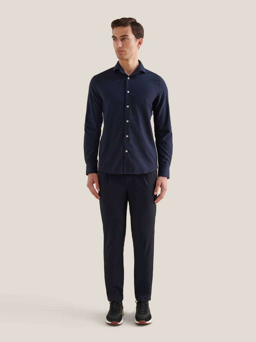 Flannel Herringbone Spread Collar Shirt in Dark Sapphire Navy