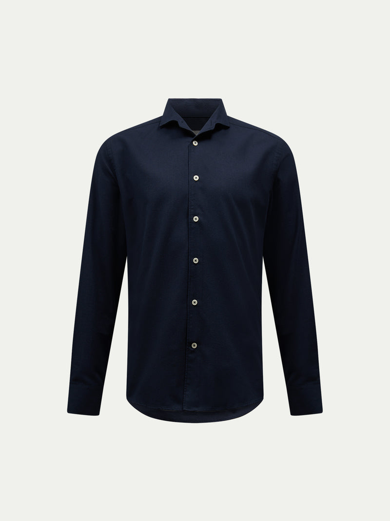 Flannel Herringbone Spread Collar Shirt in Dark Sapphire Navy