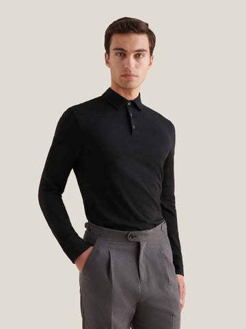 Slub Jersey Long Sleeve Polo Shirt in Black