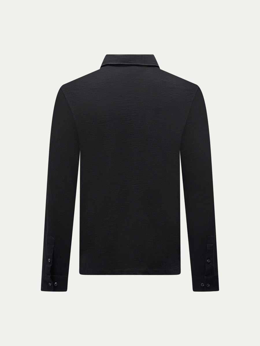 Slub Jersey Long Sleeve Polo Shirt in Black